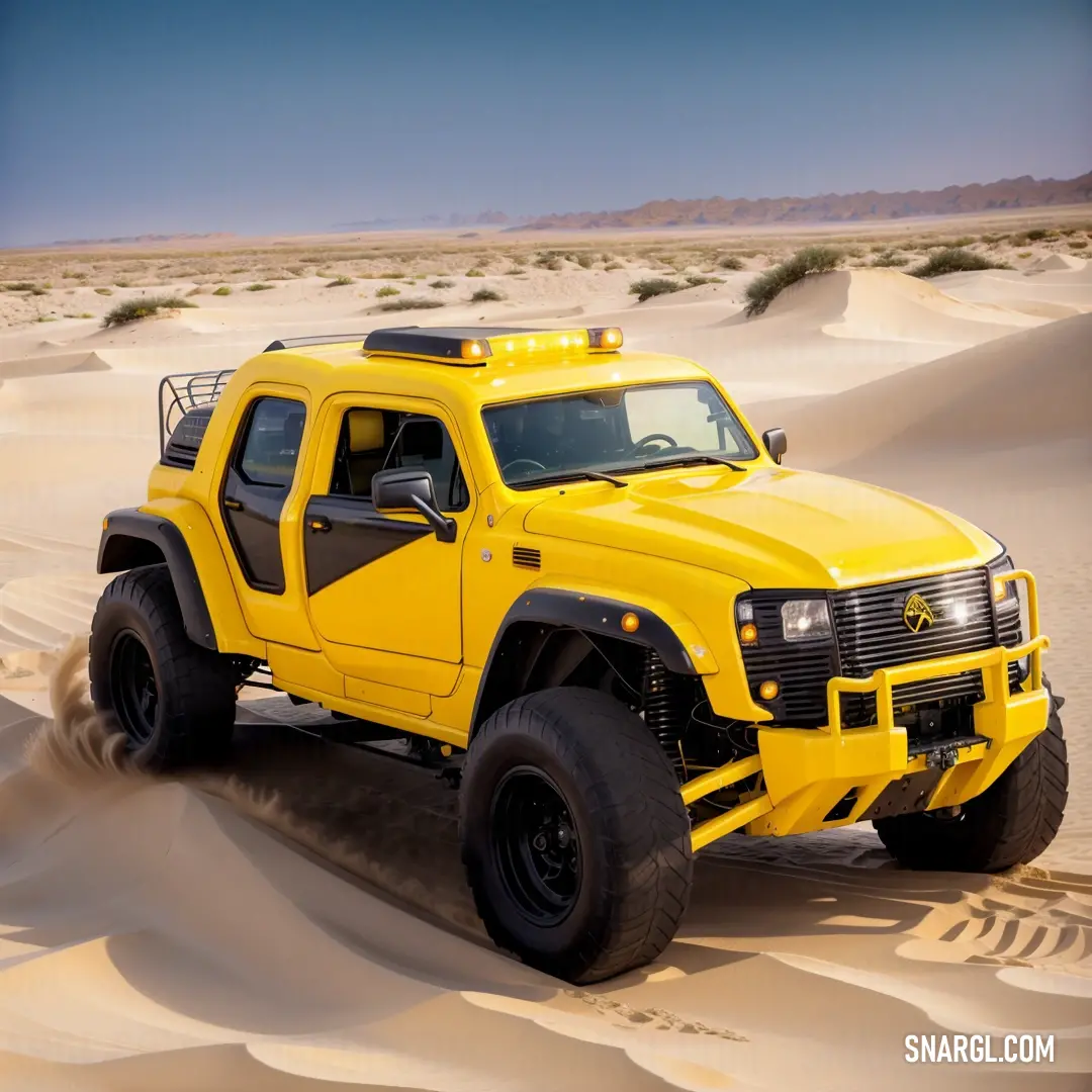 Yellow truck driving through a desert area with sand dunes in the background and a blue sky above it