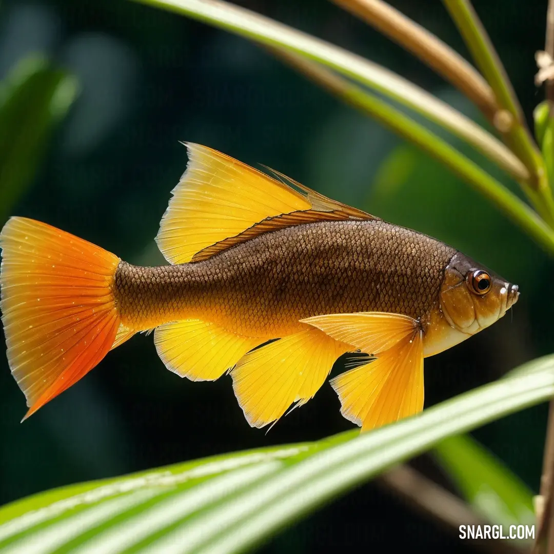 Fish that is on a plant with leaves in the background