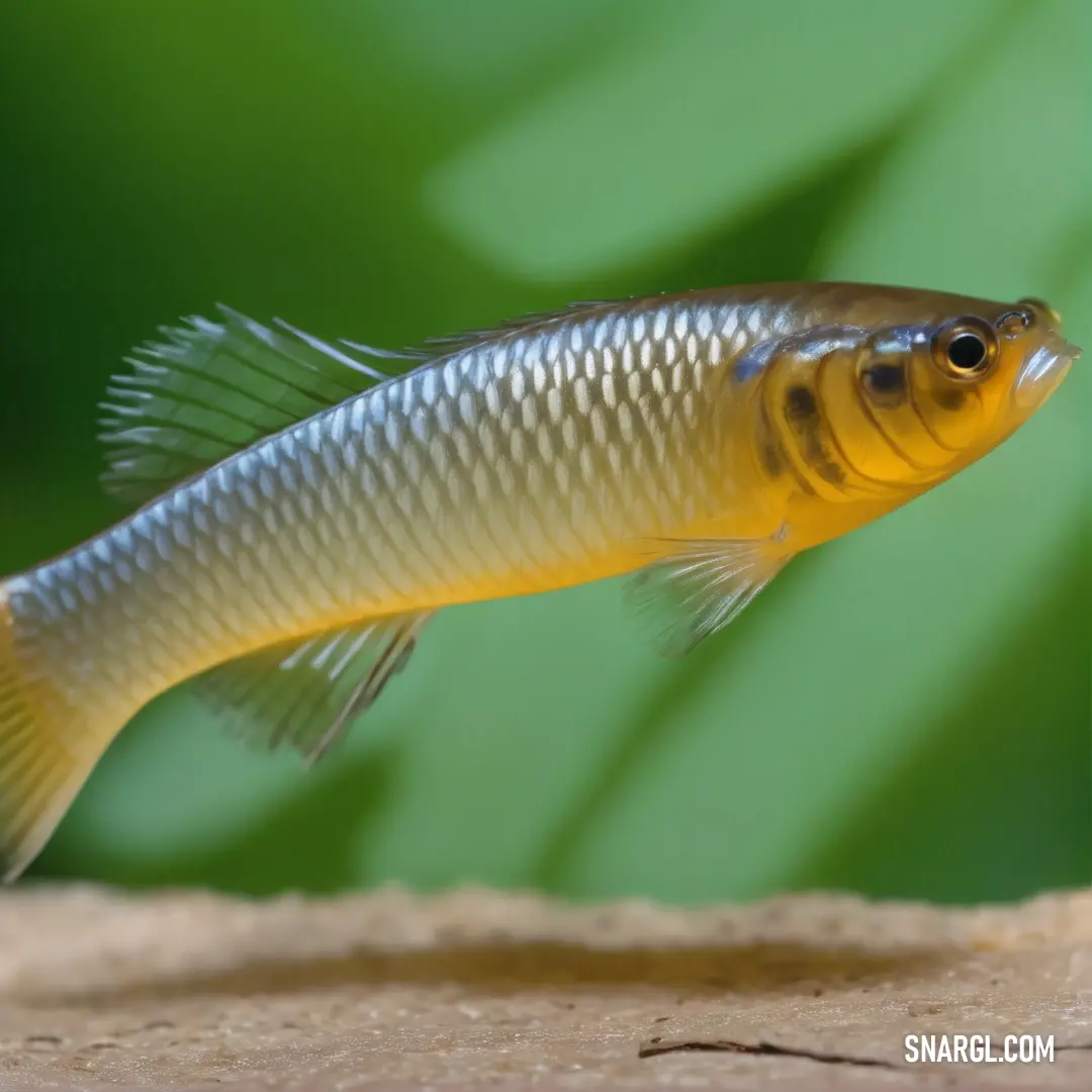 Fish that is on a table next to a plant with leaves in the background