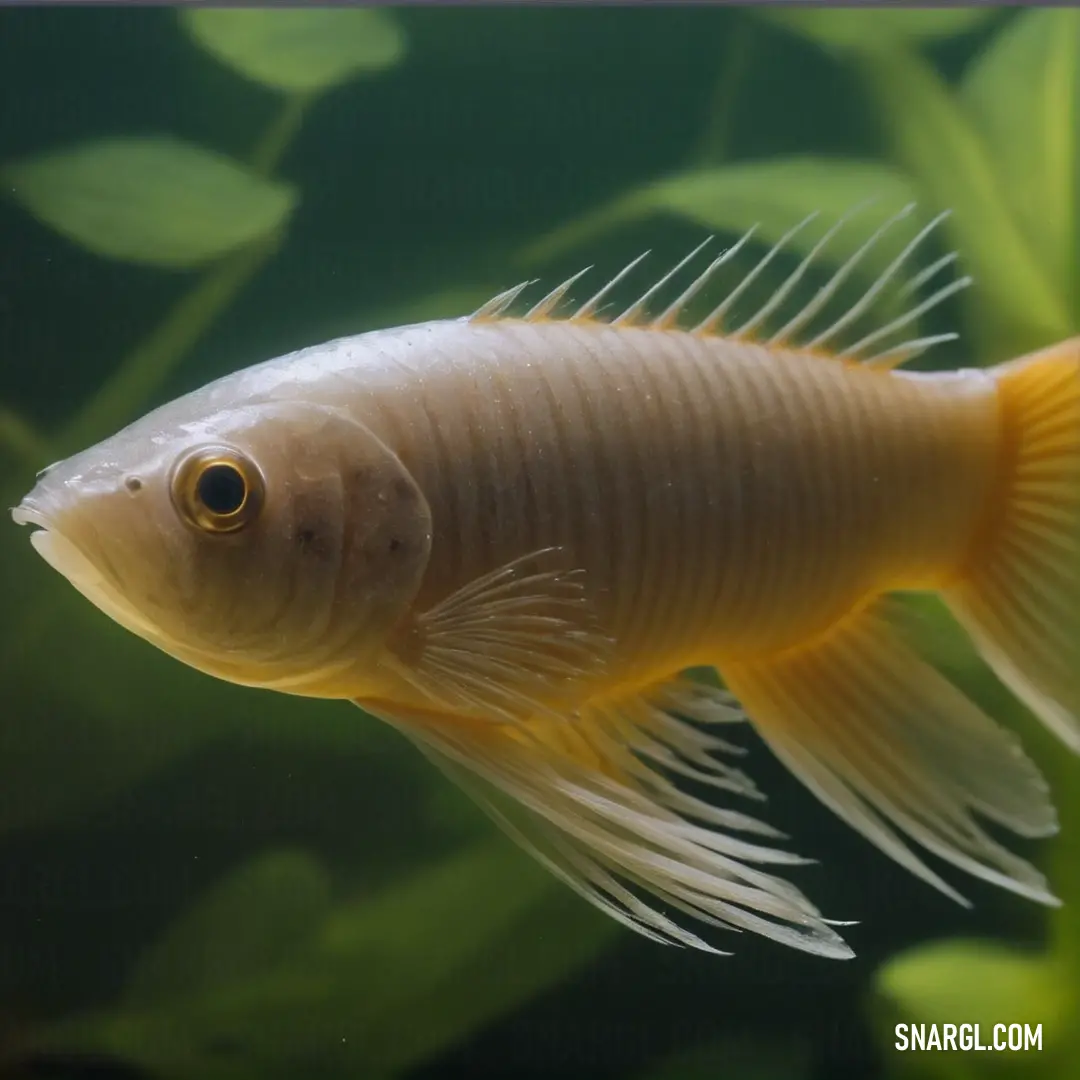 Fish that is swimming in some water with plants in the background