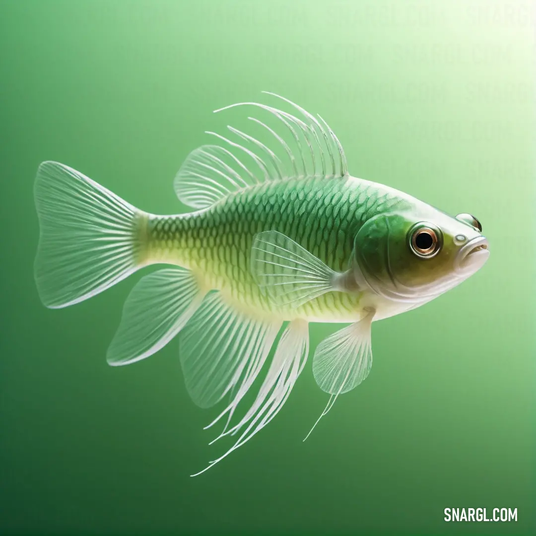 Green fish with white fins swimming in a green water tank with a light green background