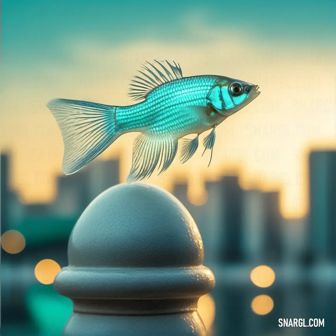 Small blue fish is on top of a fence post in front of a cityscape at sunset, Beeple, city background