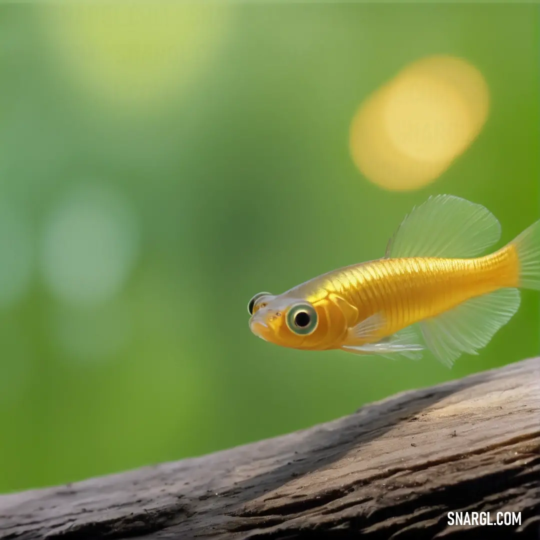 Yellow fish with a black eye is on a branch in the water and a blurry background