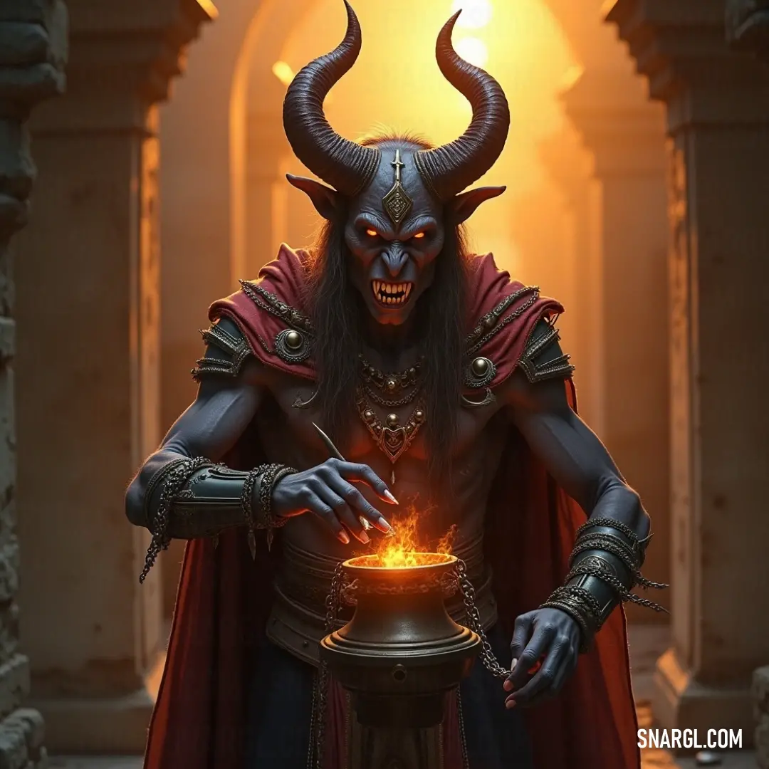 Gamigin, a demonic figure, holds a pot of fire in his hands, radiating power and heat from within. A demonic figure of Gamigin holds a glowing pot of fire in his hands, surrounded by an aura of heat and intensity, his powerful presence heightened by the fiery element he controls.