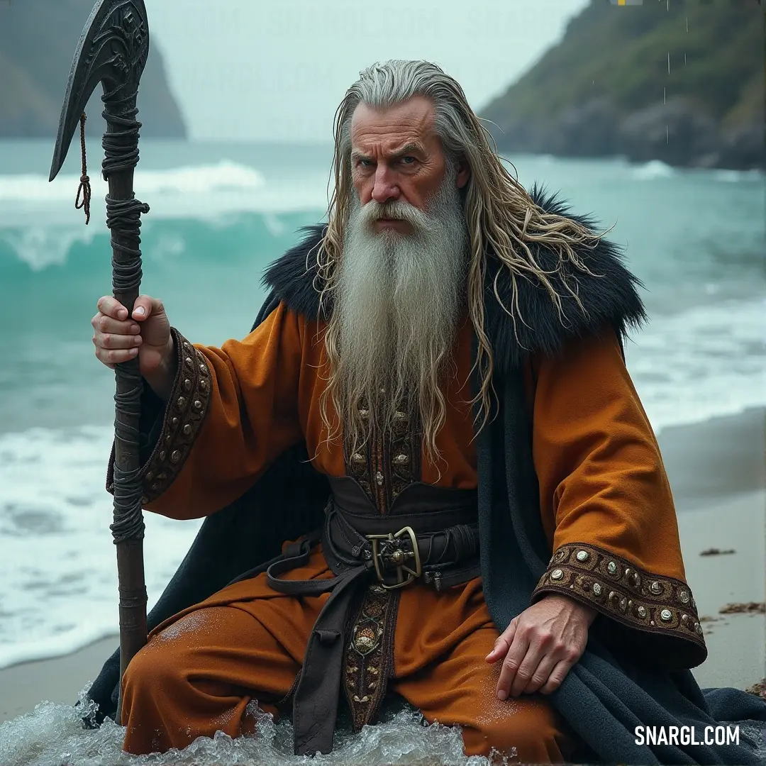 On a windswept beach by the ocean, a figure with a long white beard holds a staff. The sun sets behind, casting a soft glow over the crashing waves and the figure's tranquil presence. A wise figure with a long white beard holds a staff on a beach by the ocean. The waves crash against the shore, and the light of the setting sun adds an ethereal glow to the serene scene.
