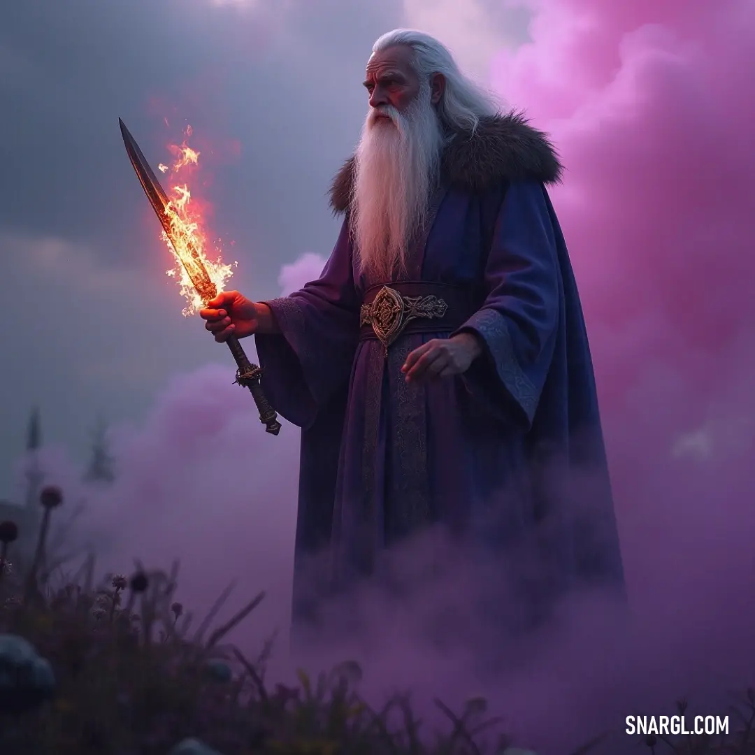 A powerful wizard commands the scene, sword drawn, amidst a mystical landscape filled with swirling smoke and clouds, under a captivating purple sky that hints at magical realms beyond. A valiant wizard stands majestically in a swirling field of smoke and ethereal clouds, sword raised high against a backdrop of a mesmerizing purple sky, evoking a sense of destiny and the unknown.