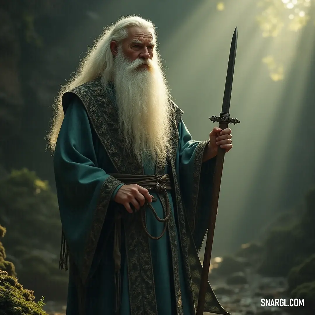 A wise wizard in a sunlit forest brandishes a sword, his long white beard flowing majestically, ready to safeguard the mysteries of the woodland realm. A wise wizard with a flowing white beard confidently holds a sword in a sun-drenched forest. Sunlight streams through the trees, illuminating his figure as he stands ready to protect the secrets of the woods.
