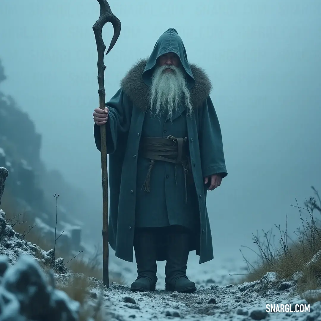 A powerful wizard in a rich green coat stands in the snow, brandishing a majestic staff with a billowing beard, commanding the magical forces of winter. A powerful wizard, dressed in a lush green coat, stands triumphantly in a snowy landscape, wielding a majestic staff. His long beard billows in the wind as he summons the elements around him in a captivating display of magic.