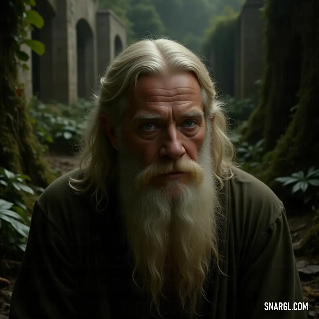 In a dense, enchanted forest, a wise wizard with a long white beard observes the serene beauty around him, a bridge appearing mysteriously in the distance, hinting at the adventures that lie ahead.