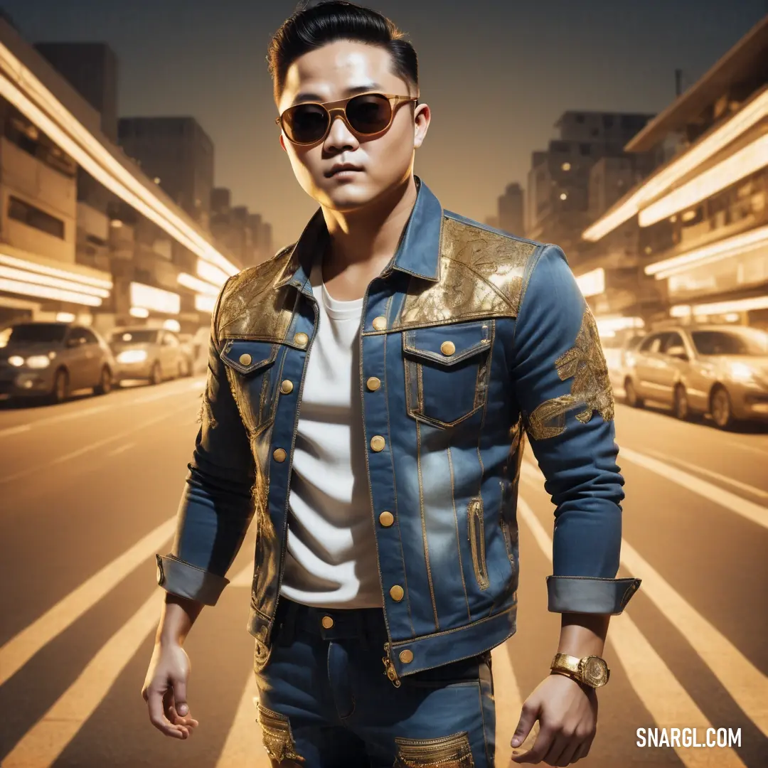 A man in a denim jacket and sunglasses walks confidently through a nighttime city street, with glowing traffic lights adding to the cool, urban atmosphere.