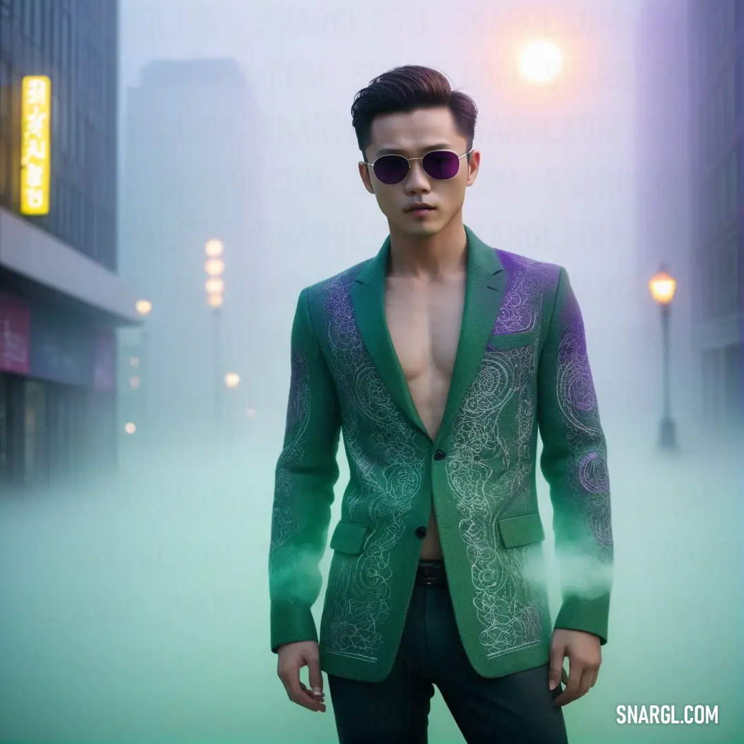 A man in a green jacket and sunglasses stands in a foggy, neon-lit city street at night, the lights reflecting off the wet pavement, creating a captivating, atmospheric scene.
