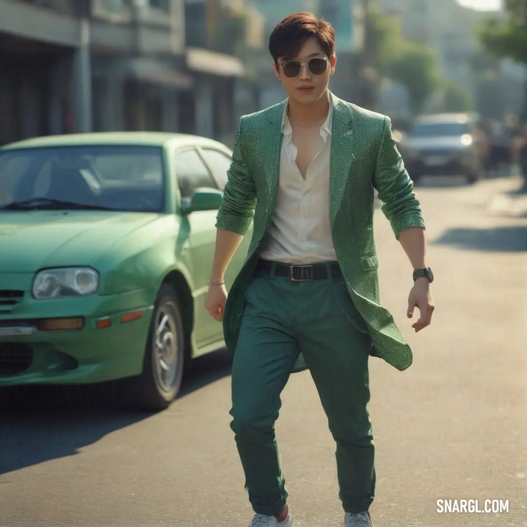 A man in a green suit and sunglasses strolls down a busy street, a green car parked behind him, as his stylish presence blends seamlessly with the energy of the bustling city. A man in a green suit and sunglasses walks down a vibrant street, with a matching green car parked behind him. The lively atmosphere of the street, combined with his fashionable look, exudes an air of sophistication and cool charisma.