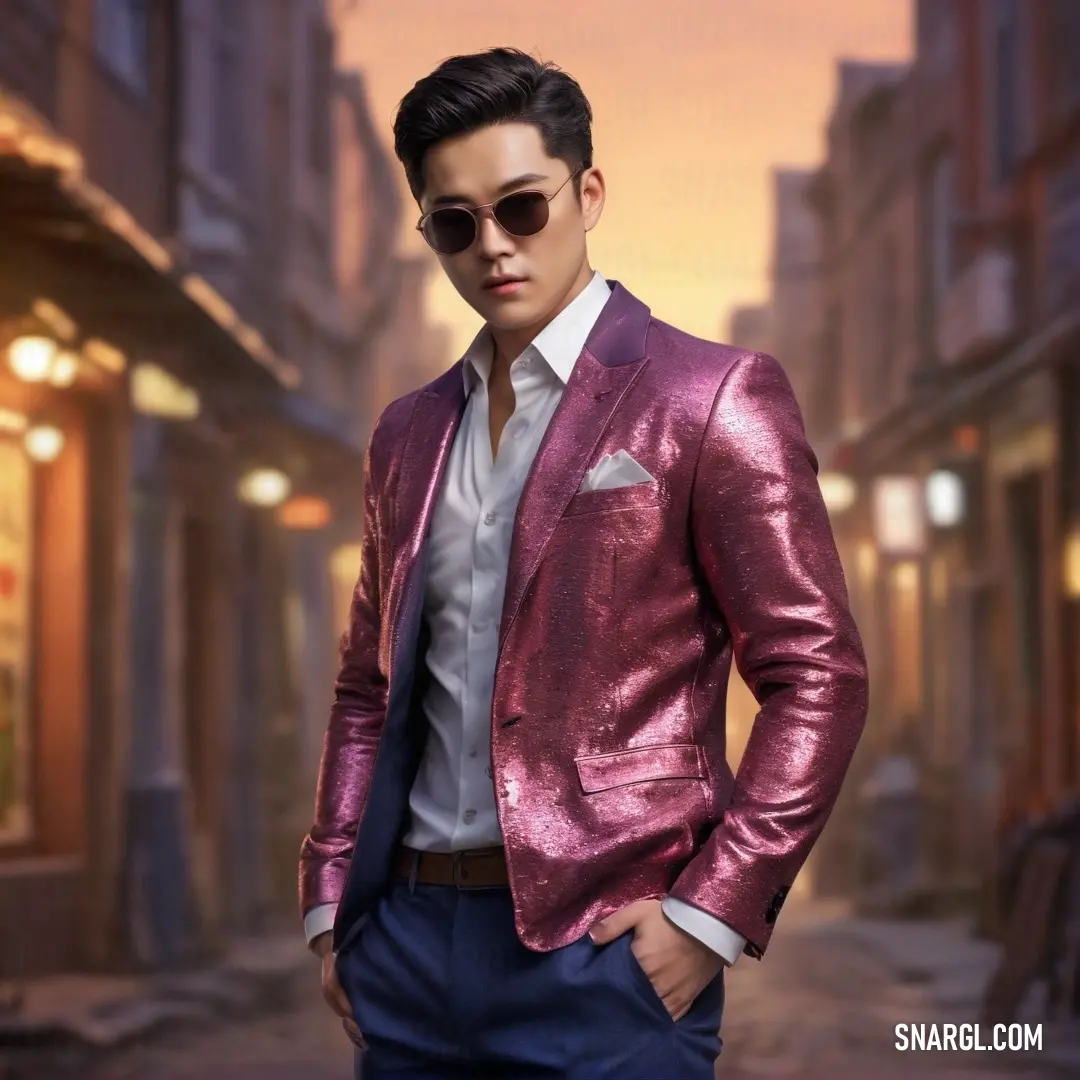 A man dressed in a striking pink jacket and dark sunglasses stands on a lively street at sunset, with a sprawling city skyline bathed in warm, golden light behind him. The scene exudes a cool, effortless vibe, perfect for capturing the magic of the twilig