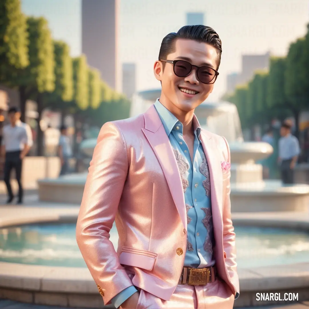 Dressed in a striking pink suit and sunglasses, this man stands with poise by a stunning fountain, creating an unforgettable contrast between fashion and nature. A man in a vibrant pink suit and sunglasses confidently stands near a beautiful fountain, with water splashing gracefully in the background, adding elegance to his bold appearance.