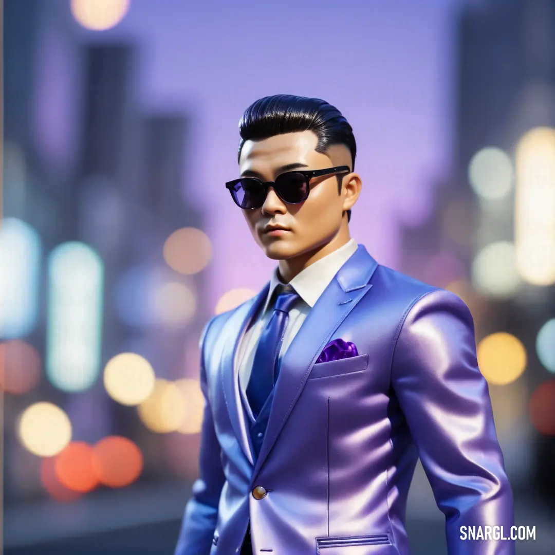 A man in a purple suit and sunglasses standing on a nighttime street with city lights shining in the background. A man in a purple suit and sunglasses stands on a city street at night, with glowing city lights and skyscrapers illuminating the backdrop.