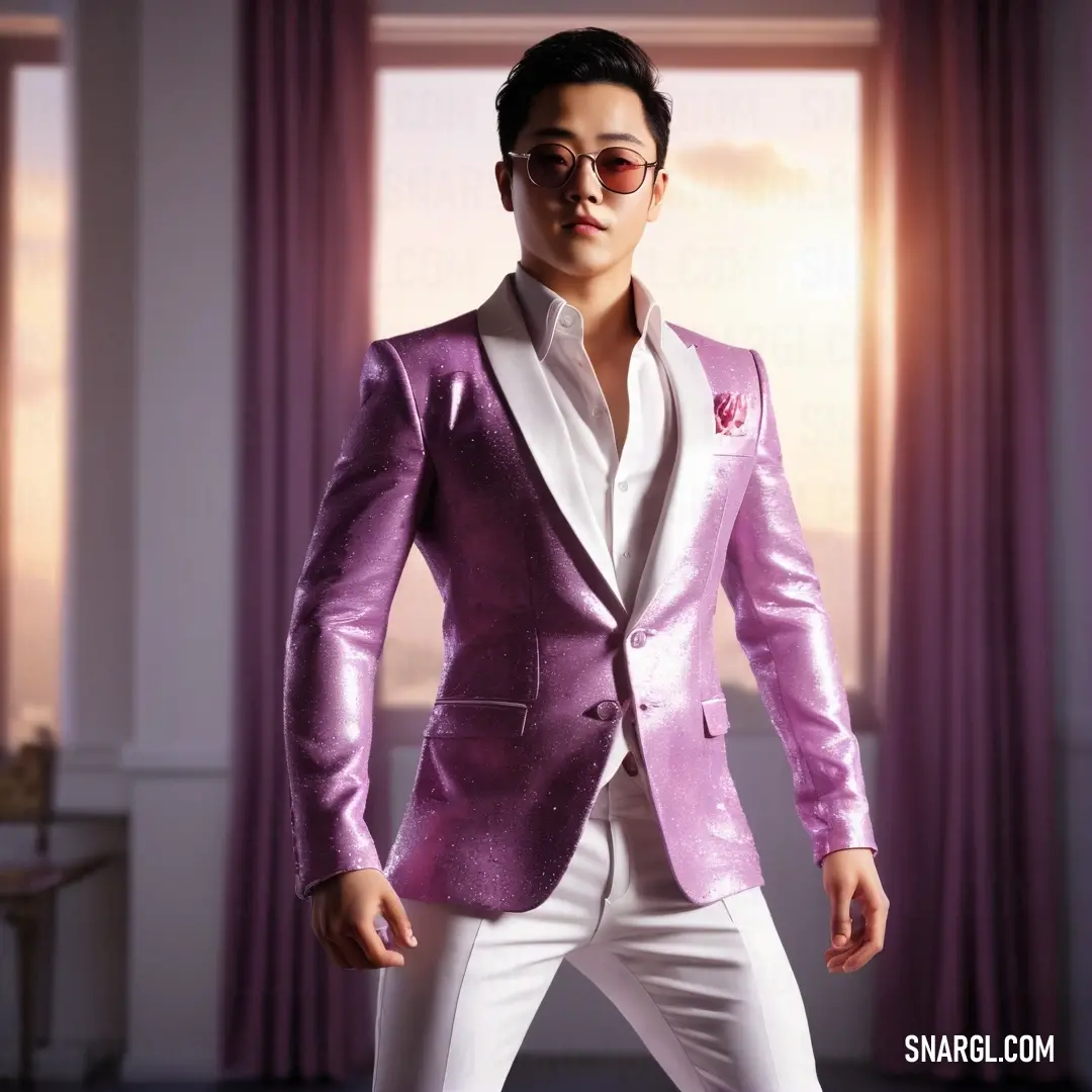 A man in a striking purple suit and sunglasses strikes a pose for a picture in a modern room. The soft natural light streaming through a window highlights the vibrant color of his suit, adding sophistication to the serene indoor setting.