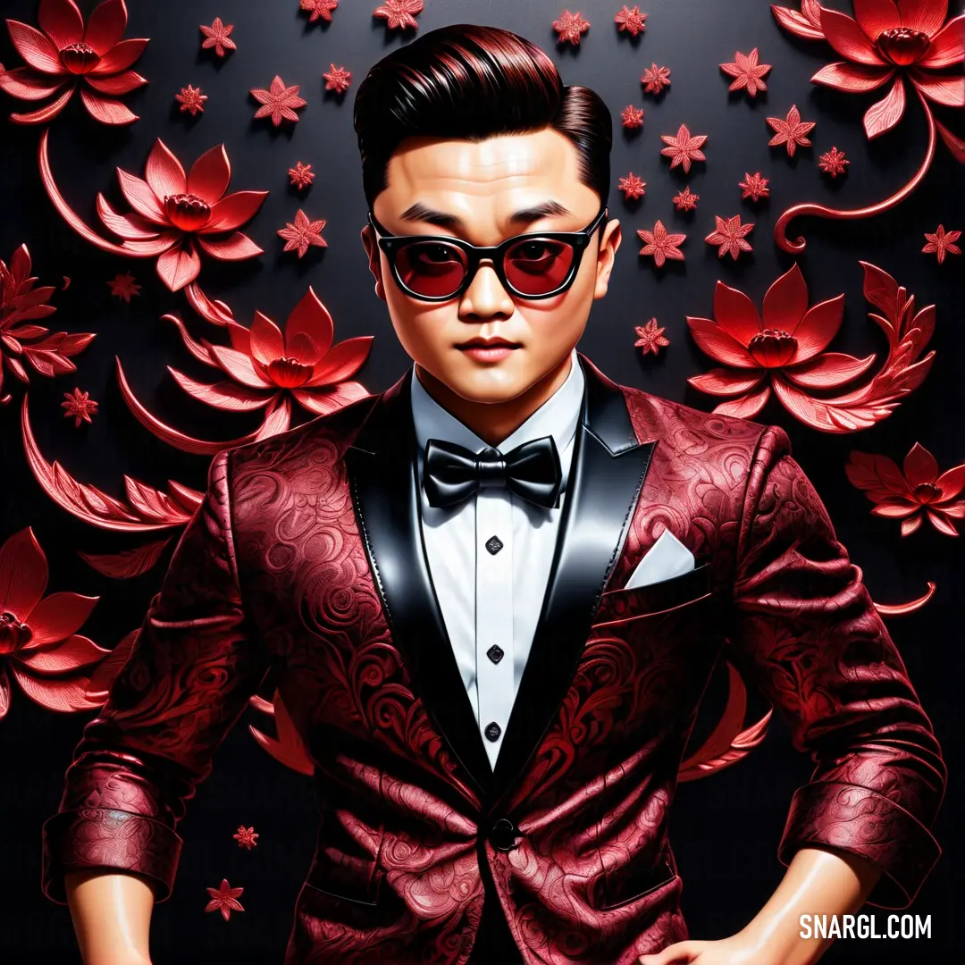 A stylish man in a red suit and sunglasses, standing confidently against a vibrant red backdrop. A confident man in a striking red suit and dark sunglasses stands confidently in front of a bold red background, exuding style and charisma.