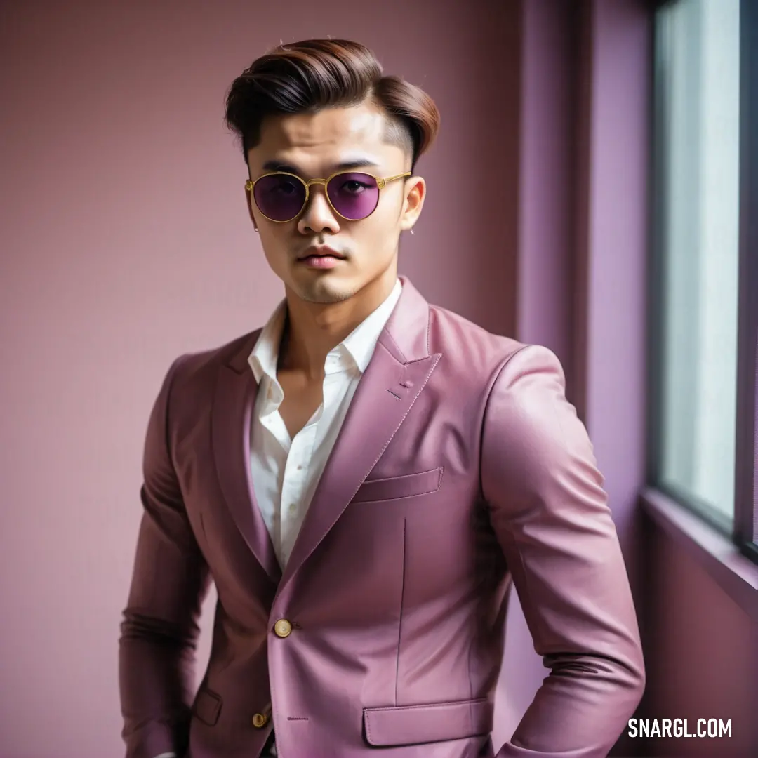 A man in a tailored suit and sleek sunglasses stands by a window, hands in his pockets. The soft light filtering through the glass creates a refined atmosphere, highlighting his calm demeanor and classic sense of style.