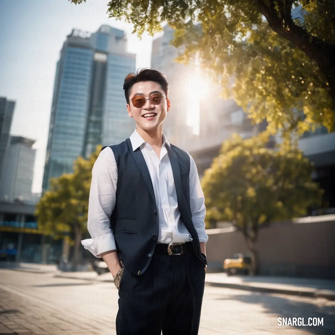 A stylish man in a suit and sunglasses, standing before a green tree and contemporary buildings, embodying urban sophistication. A well-dressed man in a classic suit and sunglasses stands confidently in front of a lush tree with modern buildings rising in the background, capturing the perfect balance of nature and city life.
