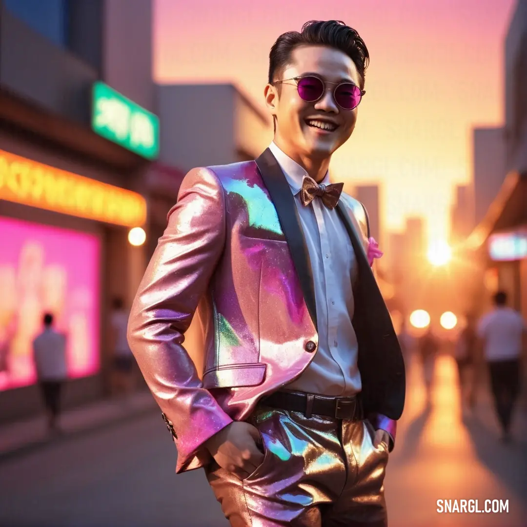 A man in a stylish suit and sunglasses stands confidently on a street corner at sunset, with a pink-hued sky providing a stunning backdrop to his poised and sophisticated look. A man in a sharp suit and sunglasses stands on a street corner, bathed in the warm hues of a sunset sky. The vibrant pink tones in the sky create an idyllic backdrop, emphasizing his cool and composed demeanor as he gazes into the distance.