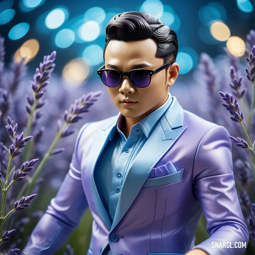 A man in a classic suit and sunglasses stands in the midst of a lavender field, with soft lights illuminating the flowers in the background, creating a serene and dreamlike setting.