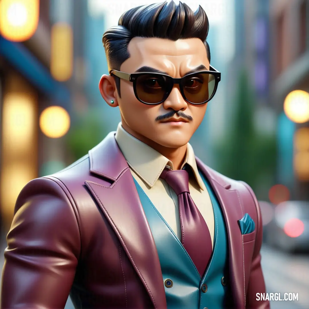 A man in a suit and sunglasses standing on a city street corner with a vibrant urban backdrop. A man in a classic suit and sunglasses stands confidently on a busy city street corner, with skyscrapers and bustling urban life in the background.