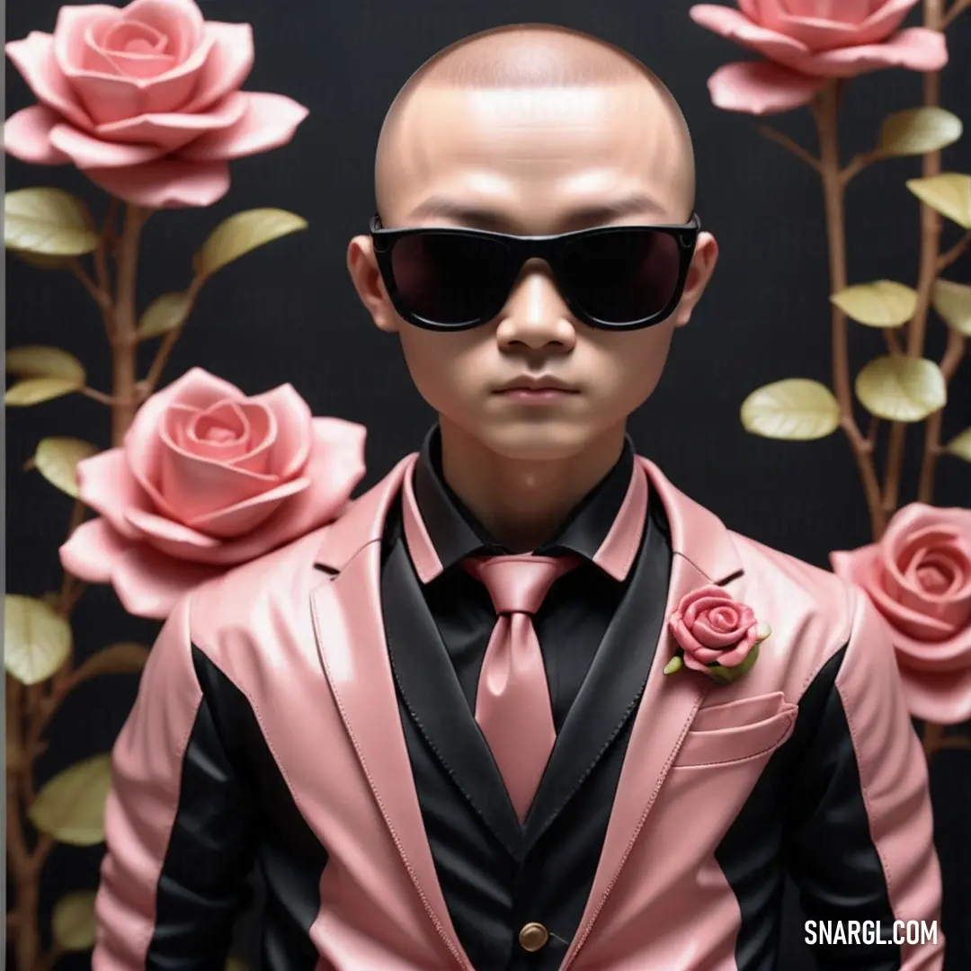 A man in a pink suit and sunglasses, standing confidently with a backdrop of colorful roses, showcasing his stylish and bold demeanor. A man in a sharp pink suit, wearing sunglasses, poses against a backdrop of vibrant roses, exuding confidence and style with an elegant and bold flair.
