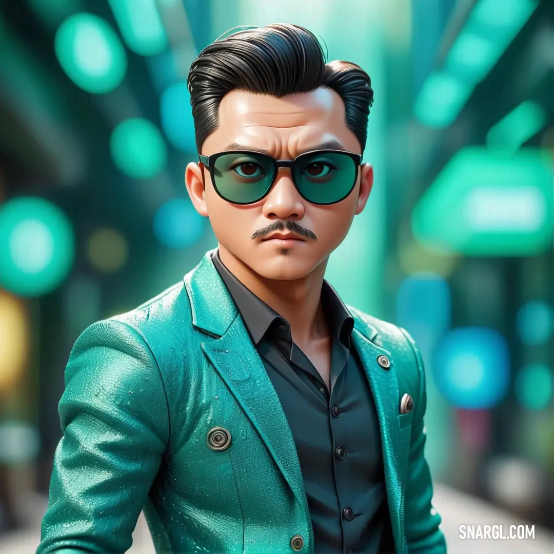 A man in a green jacket and sunglasses poses on a city street corner, with a green light signaling the way ahead. A man in a green jacket and sunglasses stands confidently on a street corner, with a green traffic light glowing in the background, creating a cool urban vibe.