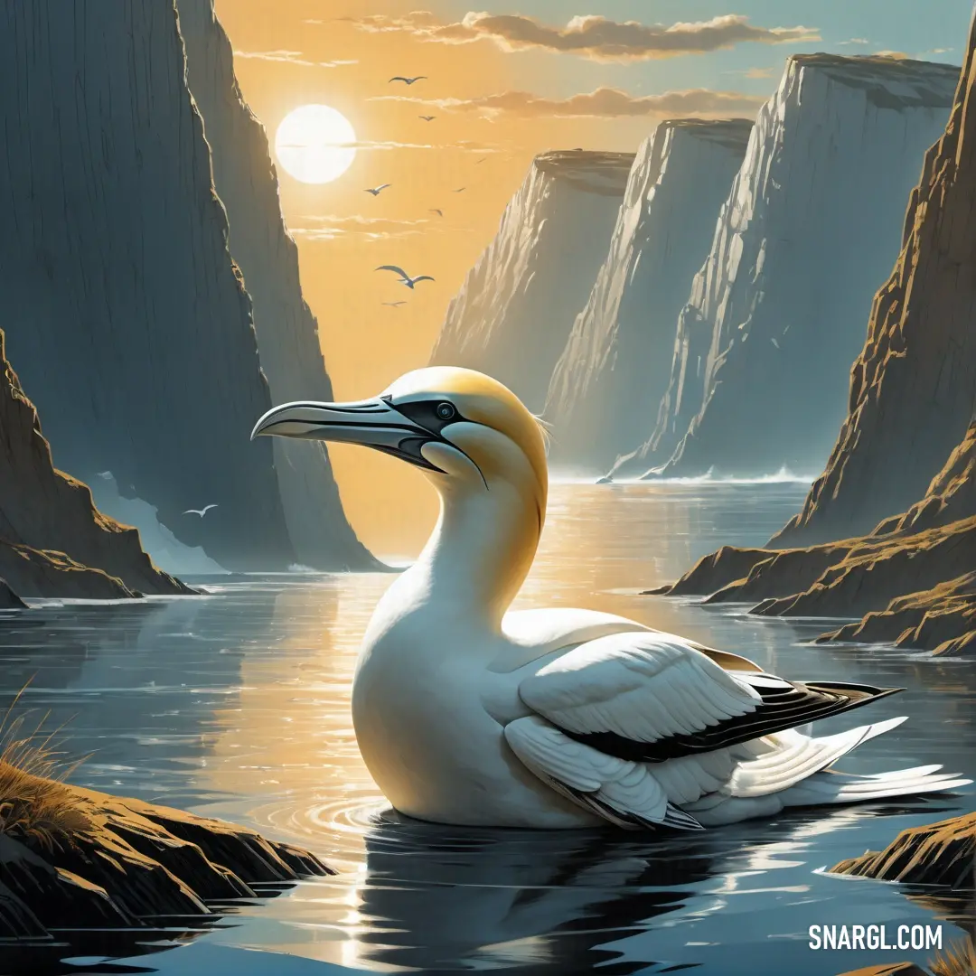Gannet in the water near a mountain range at sunset with a Gannet flying over it and a Gannet in the water