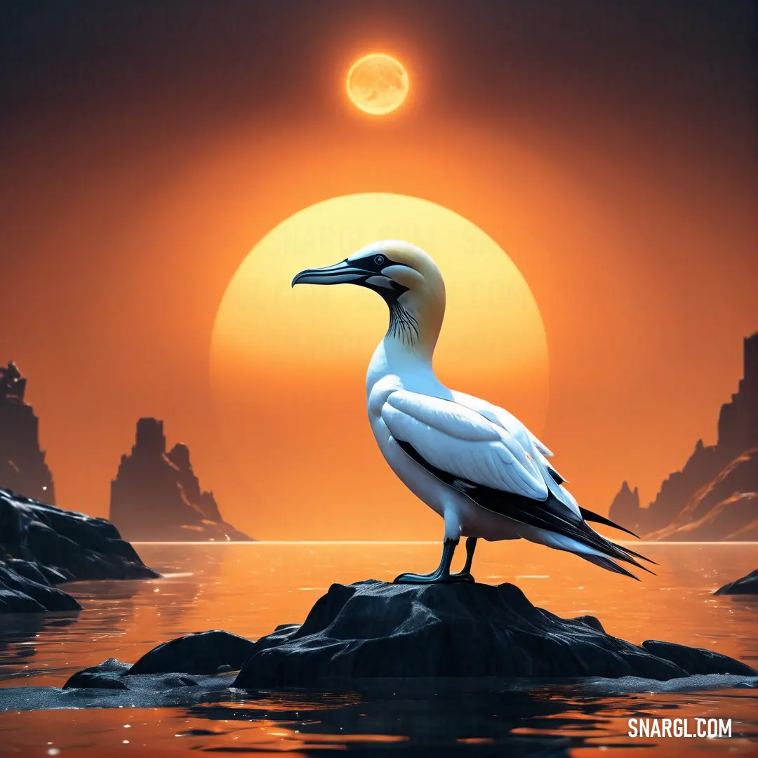 Gannet is standing on a rock in the water at sunset with a full moon in the background