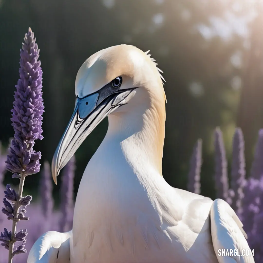 Gannet with a blue beak standing in a field of lavender flowers with sunlight shining on it's head