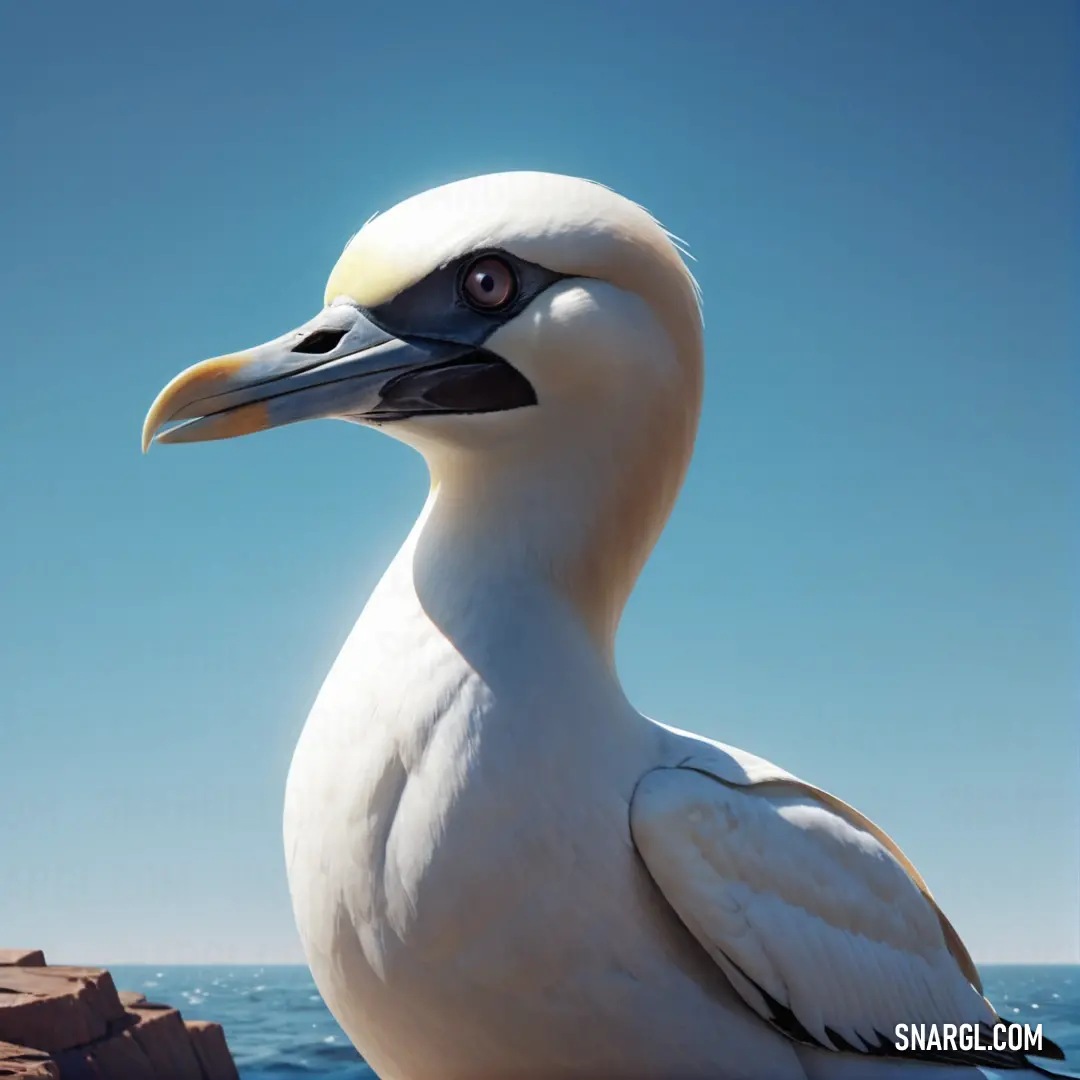 Gannet with a long beak standing on a rock near the ocean with a blue sky in the background