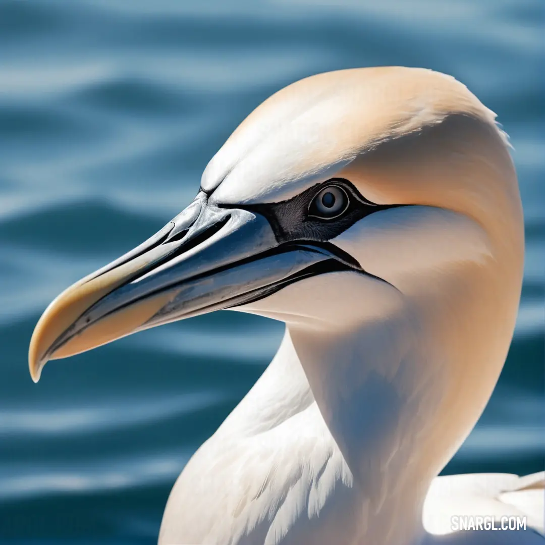 Gannet with a long beak standing in the water with its eyes closed and a beak with a long bill