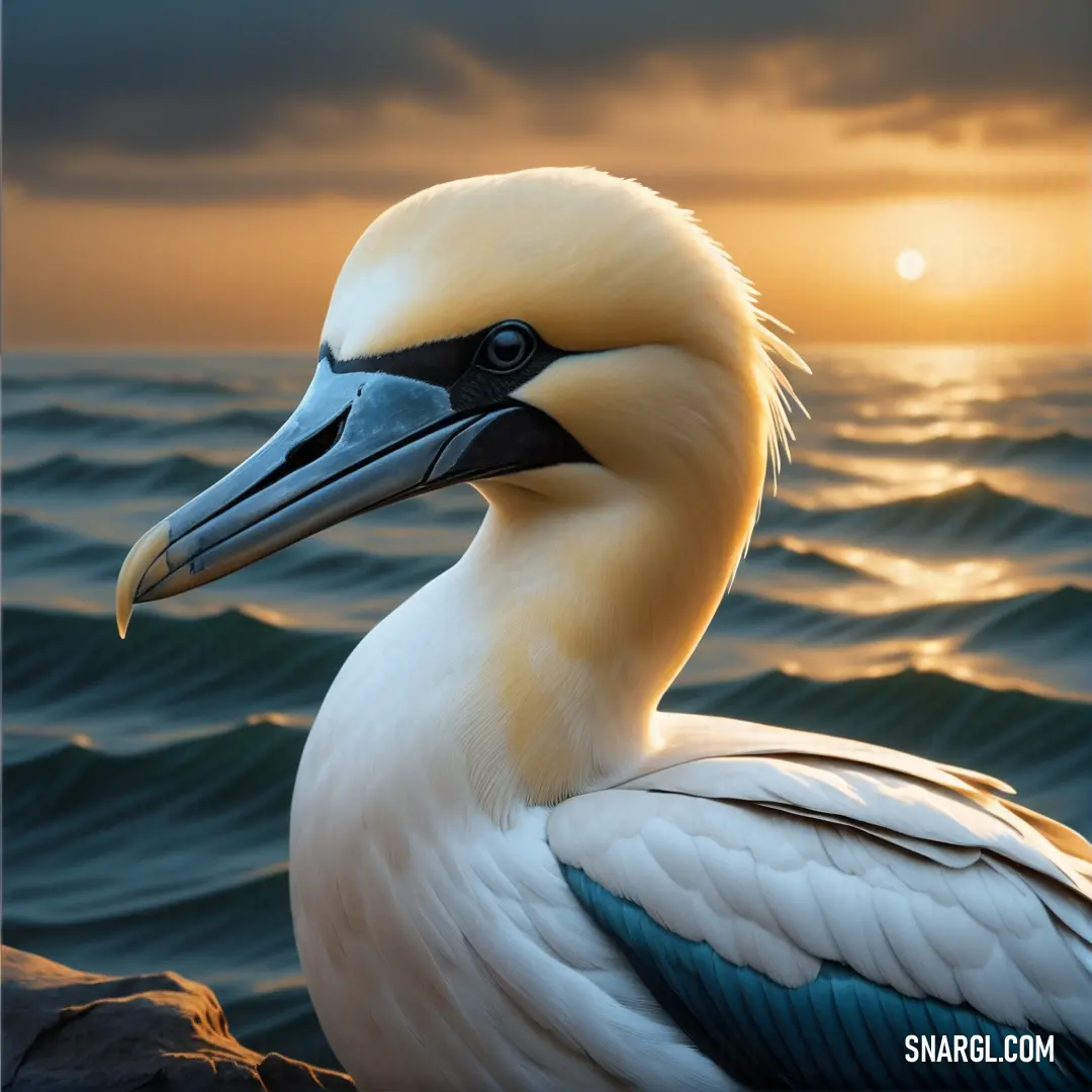 Gannet with a long beak on a rock in the ocean at sunset with a cloudy sky behind it