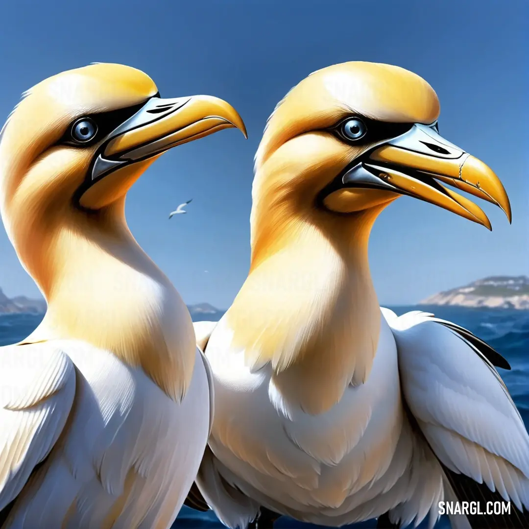 Two birds standing next to each other on a beach near the ocean and a Gannet flying in the sky