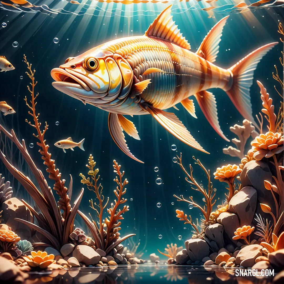 A vibrant fish swims through a large aquarium, surrounded by lush plants and decorative rocks. The light filters through the water, casting dappled shadows and illuminating the fish's movements as it explores its aquatic world.