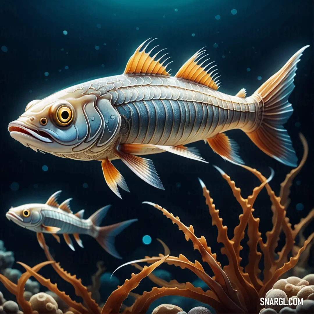 A fish swims through the ocean, with corals and seaweed visible in the foreground, creating a peaceful and natural underwater habitat.