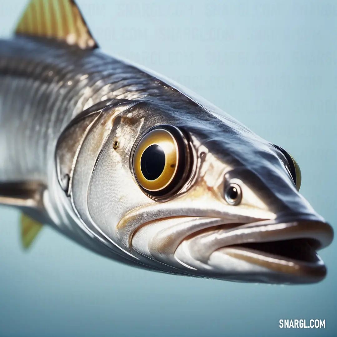 A unique fish with a large yellow eye and a long, flowing tail swims gracefully in clear blue water, its vibrant colors standing out against the tranquil backdrop.
