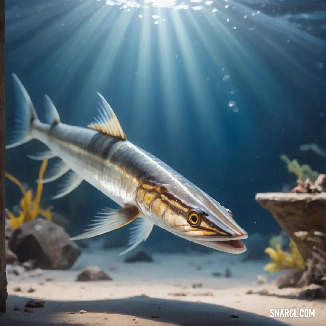 A curious fish with large, expressive eyes swims through clear waters, with corals and seaweed creating a vibrant backdrop, adding life to the peaceful underwater scene.