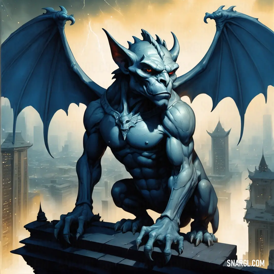 Gargoyle statue on a ledge in front of a city skyline with lightning in the sky above it