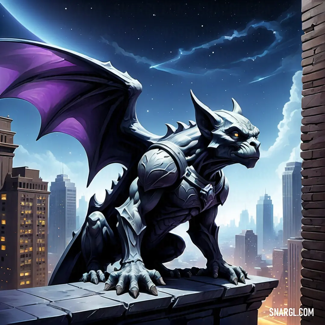 Gargoyle statue on a ledge in front of a city skyline at night