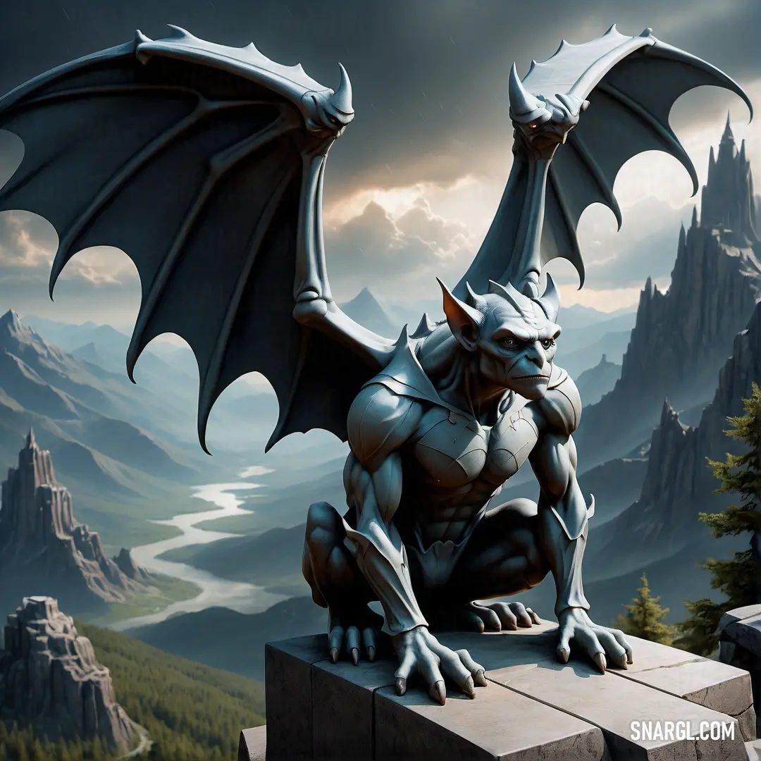 Gargoyle statue on top of a stone wall next to a mountain range with a river below it