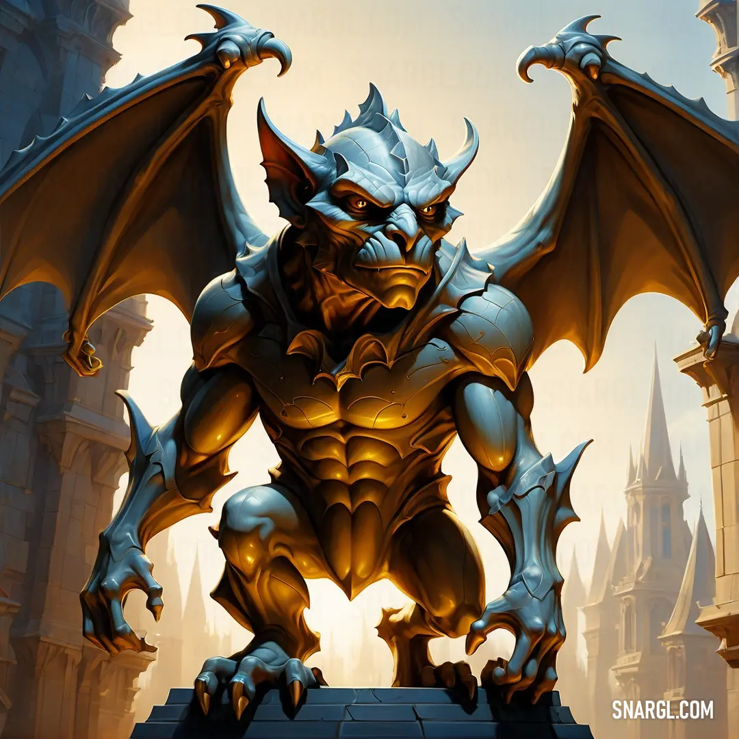 Giant Gargoyle with a huge head and horns on it's back standing on a platform in front of a castle