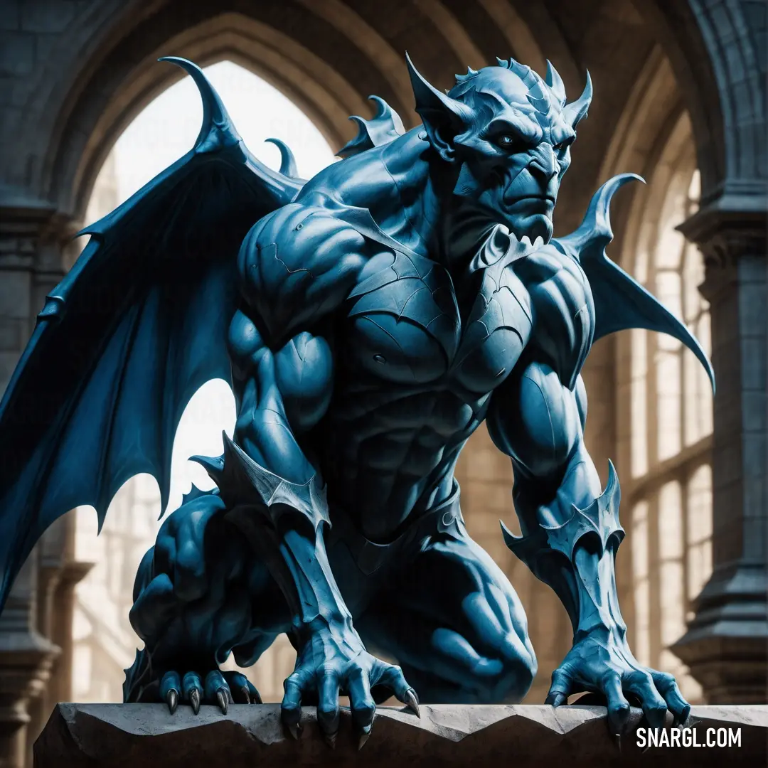 Statue of a blue Gargoyle on a ledge in a building with arches in the background