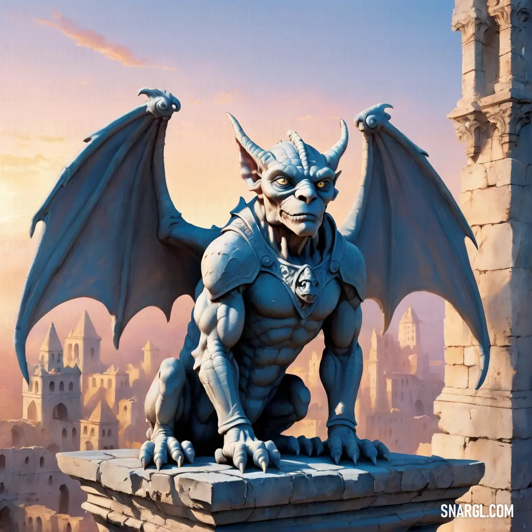 Statue of a Gargoyle on a ledge in front of a castle with a sky background