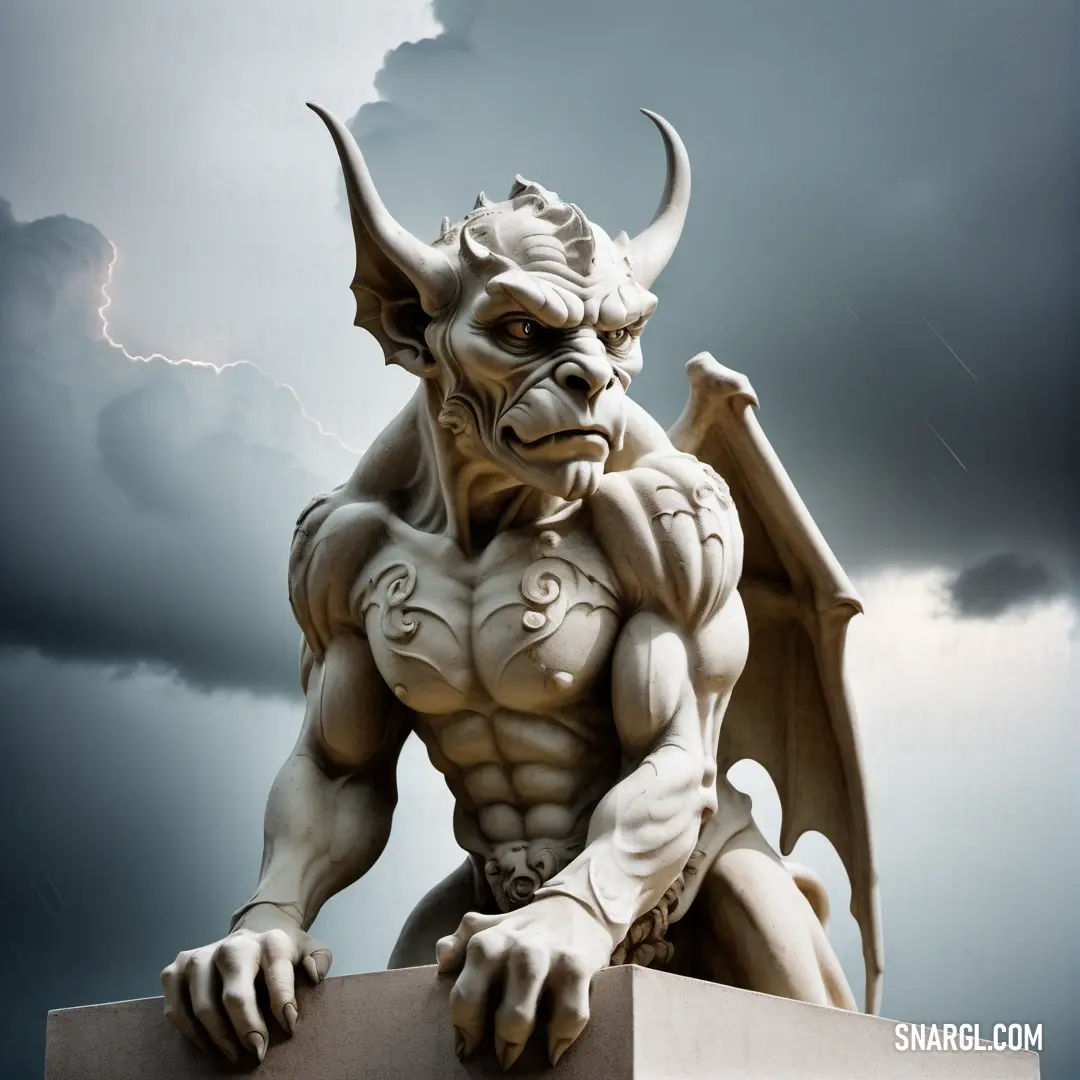 Statue of a Gargoyle with a large head and horns on it's face and a lightning in the background