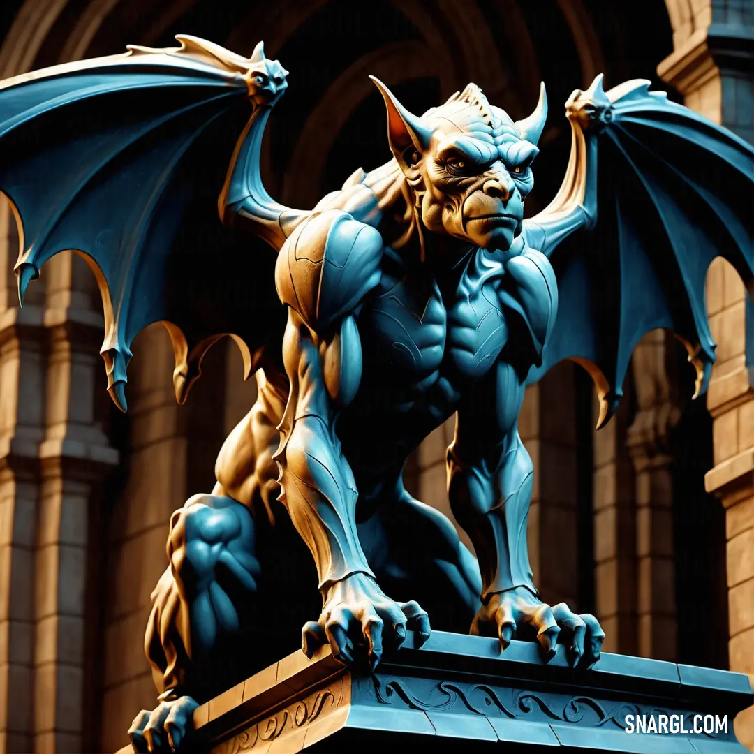 Statue of a Gargoyle on top of a building with a gothic style design on it's face