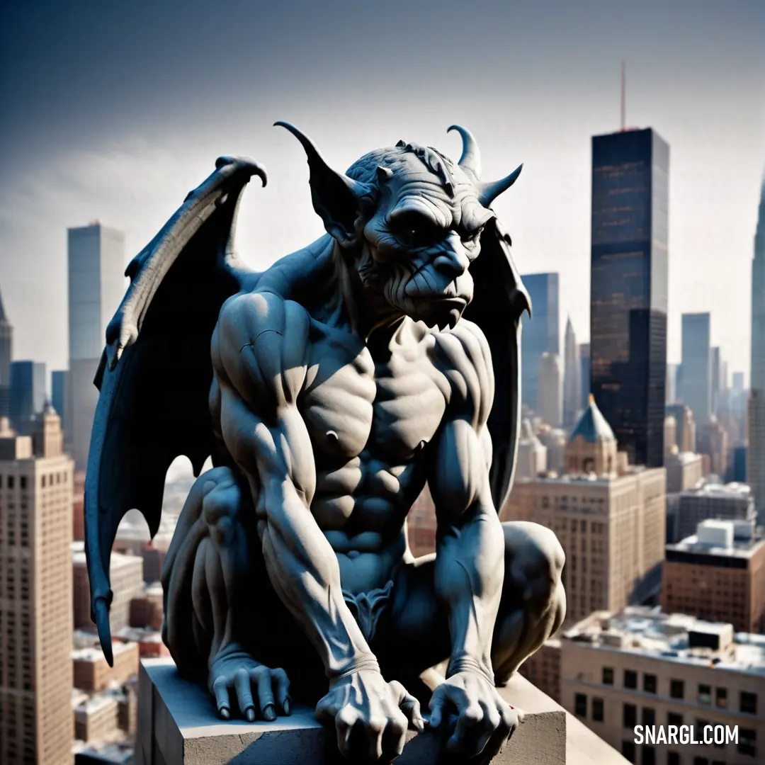 Statue of a Gargoyle on top of a building in a city with tall buildings in the background