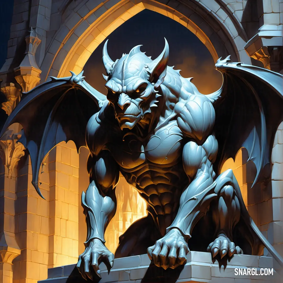 Statue of a Gargoyle on a castle wall with a gate in the background