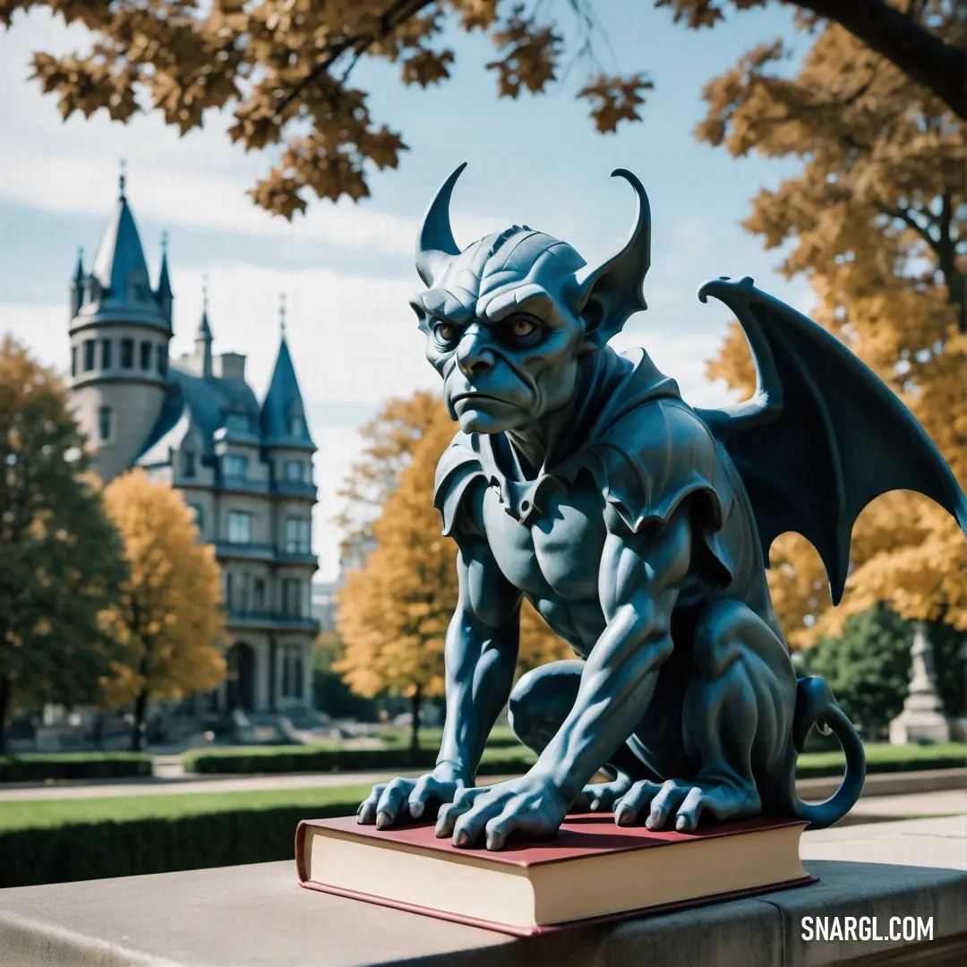 Statue of a Gargoyle on a book in front of a castle like building with a clock tower in the background